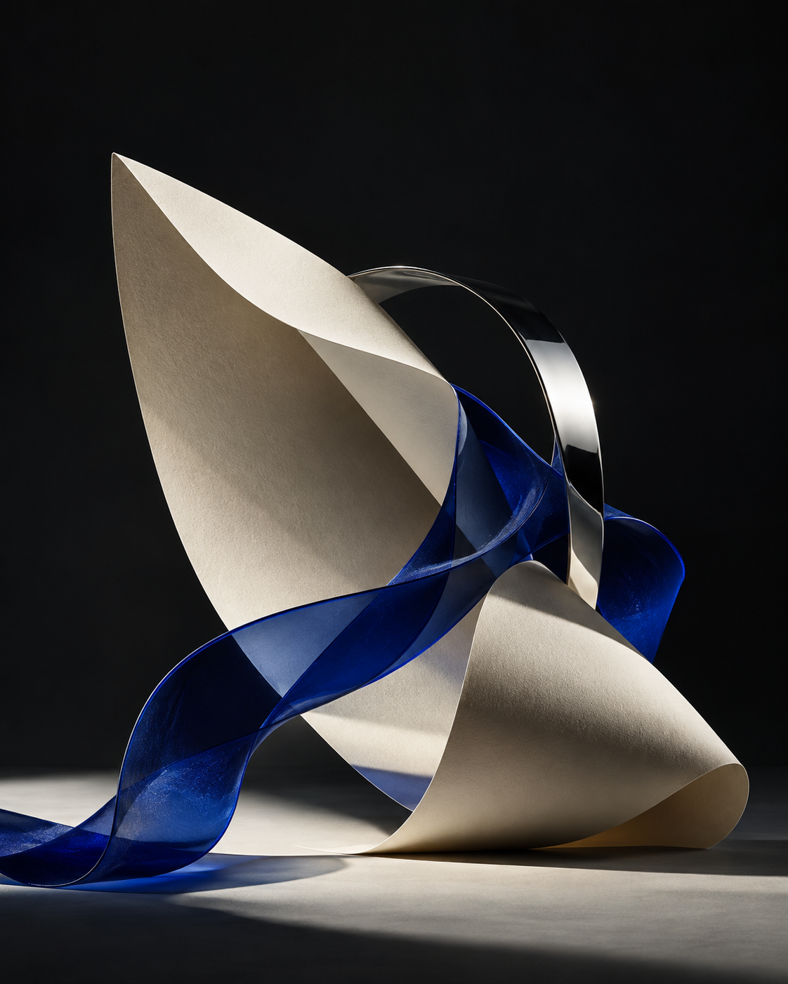 Sculptural folds of ivory paper, steel and cobalt ribbon against a dark backdrop